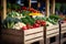 Colorful vegetable crates arranged neatly on market display. Fresh produce in wooden boxes at the food market