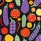 Colorful vegetables - eggplants, tomatoes, cucumbers, hot peppers - on black background. Patchwork design. Seamless pattern