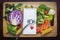 Colorful vegetables and paper note with stethoscope