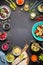 Colorful vegetarian feast dinner table from above