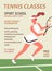 Colorful vertical announcement for tennis classes or school with sportswoman holding racquet. Advertising poster for