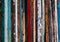 Colorful vertical lines, pile of wooden doors