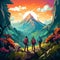 Colorful and Vibrant Cartoon Illustration of Explorers Venturing into Uncharted Land