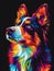 Colorful, Vibrant Digital Art Portrait of a Dog on Dark Background