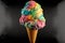 Colorful vibrant ice cream with crispy waffle cone. Creative concept. Full of tasty splashy flavours. Ai generated