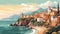Colorful, vibrant landscape of the Italian coast, village, against the backdrop of the sea and mountains, generative ai tools