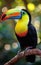 A colorful vibrant toucan sitting on a branch, colorful tropical birds image