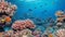 A colorful and vibrant underwater coral reef teeming with exotic marine life