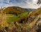 Colorful view of Bronnen Castle on the hiking trail in autumn in the Danube valley near Beuron