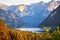 Colorful view of famous Hallstatt lake and Austrian Alps in Hallstatt. Sommer. Salzkammergut region, Austria