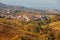 Colorful vineyards and town of Barolo in Italy.