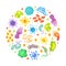 Colorful viruses and microbes in round shape. Microbiology and virology microscopic pathogens, cell illness and