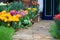 Colorful vivid fresh tulips flowerscape garden yard lawn background, selective focus
