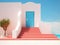 Colorful vivid house with door and stairs on sunny day. Summer minimalist architecture background