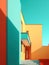Colorful vivid house with door and stairs on sunny day. Summer minimalist architecture background. Created with generative Ai