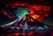 Colorful volcano eruption at night. AI Generated