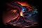 Colorful volcano eruption at night. AI Generated