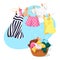 Colorful washed clothes hanged on rope outdoor and lying in straw basket after cleaning vector