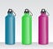 Colorful water bottle set for sport drink, realistic 3D mockup collection of metal beverage containers