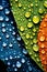 colorful water droplets on flower petal wallpaper background. The liquid spectrum of droplets in macro detail