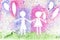 On a colorful watercolor background, white silhouettes of children with balloons. Girl and boy are holding hands.