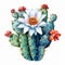 Colorful Watercolor Cactus With White Flower Clipart