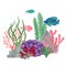 Colorful watercolor coral reef scene with fish.