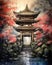 Colorful Watercolor Entrance Arc with Flowers at Evening Time AI Generated