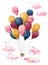 Colorful watercolor hot air baloon made of many small  air balloons soaring in the sky