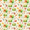 Colorful watercolor houses, cats, bees and flowers in folk style on white background. Seamless cute wallpaper. Isolated