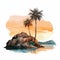 Colorful Watercolor Illustration Of Palm Trees On A Rock