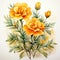 Colorful Watercolor Illustration Of Yellow Carnations In Woodcarving Style
