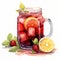 Colorful Watercolor Mason Jar With Iced Tea, Lemon, Strawberries, And Mint Leaves