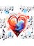 Colorful watercolor musical heart with notes and drips of paint.