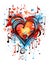 Colorful watercolor musical heart with notes and drips of paint.