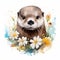 Colorful Watercolor Otter Portrait With Floral Background