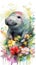 Colorful Watercolor Painting of a Cute Baby Manatee in a Flower Field Ideal for Art Prints and Greeting Cards.