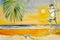 Colorful watercolor painting of seascape with monkey