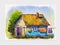 Colorful watercolor painting of simple house. Minimal conceptual house in country style. Illustration painting