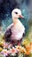 Colorful Watercolor Painting of a Sweet Baby Albatross in a Flower Field Ideal for Art Prints and Greeting Cards.