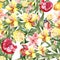 Colorful watercolor pattern with flowers alstroemeria, birds and citrus.