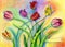 Colorful watercolor pencils tulips on artistic background