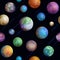 Colorful watercolor planets seamless pattern