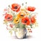 Colorful Watercolor Poppy Bouquet In Vase On White Background