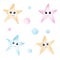 Colorful watercolor smiling starfish and drops. Hand drawn clipart set for invitations, greeting cards, party decor.
