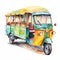 Colorful Watercolor Tuk Tuk Clipart With Retro Vintage Style