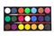 Colorful watercolors paints in palette with brushes isolated on