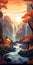 Colorful Waterfall Illustration With Grandiose Scenery And Fall Trees