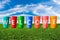 Colorful welcome jars on green grass