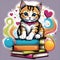 A colorful, whimsical illustration of a cat perched on a stack of books surrounded by hearts